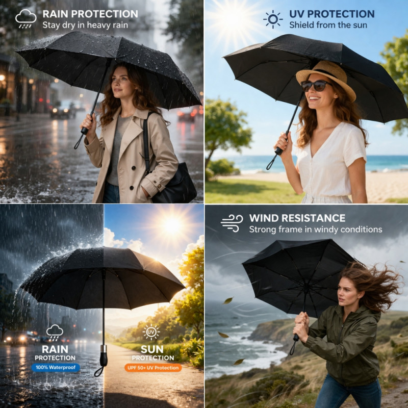 Versatile Automatic Black Folding Umbrella with Reinforced Frame and Water-Repellent Travel Canopy