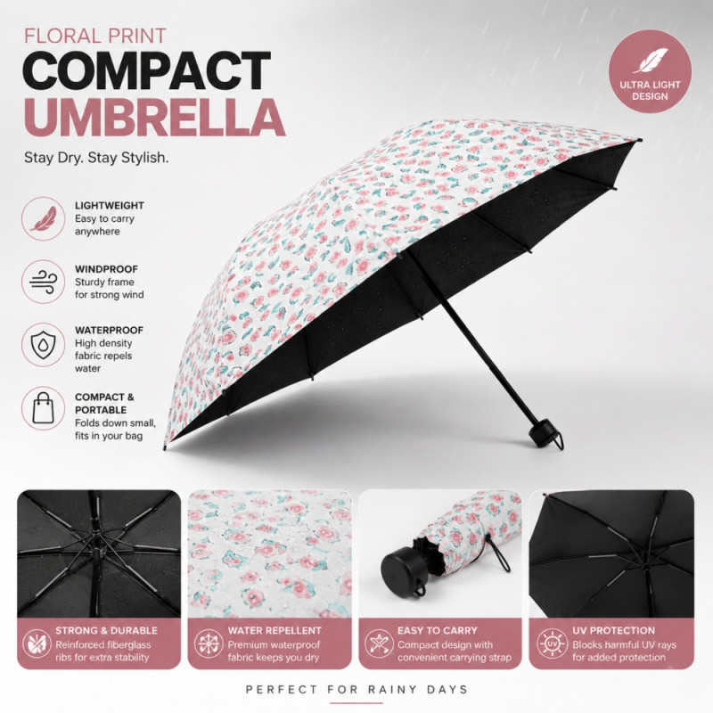 Floral Print Umbrella Featuring a Foldable Design – Multi-Color