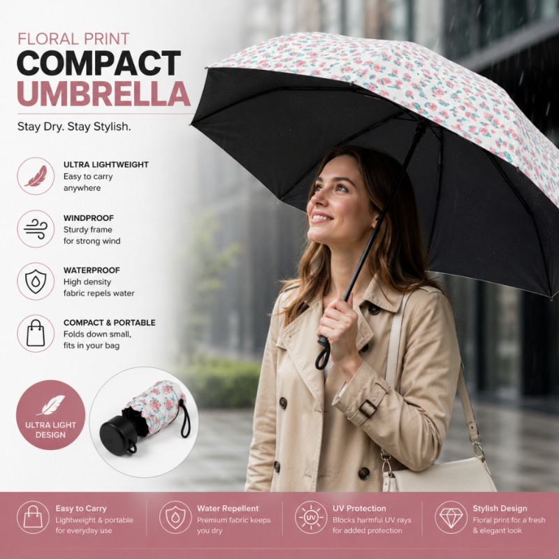 Floral Print Umbrella Featuring a Foldable Design – Multi-Color
