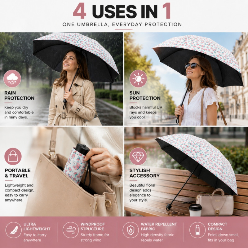 Floral Print Umbrella Featuring a Foldable Design – Multi-Color
