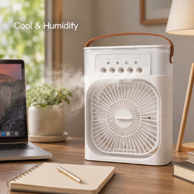 Portable Air Cooler Desk Fan with 5 Mist Spray Nozzles and Leather Carry Handle (25x20cm) – White & Brown