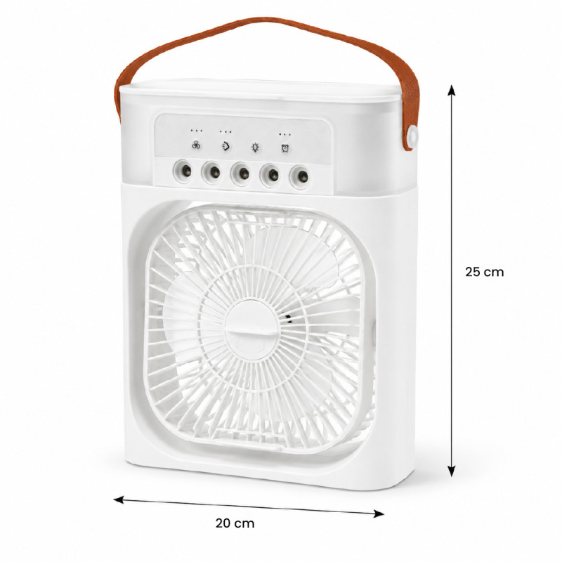 Portable Air Cooler Desk Fan with 5 Mist Spray Nozzles and Leather Carry Handle (25x20cm) – White & Brown