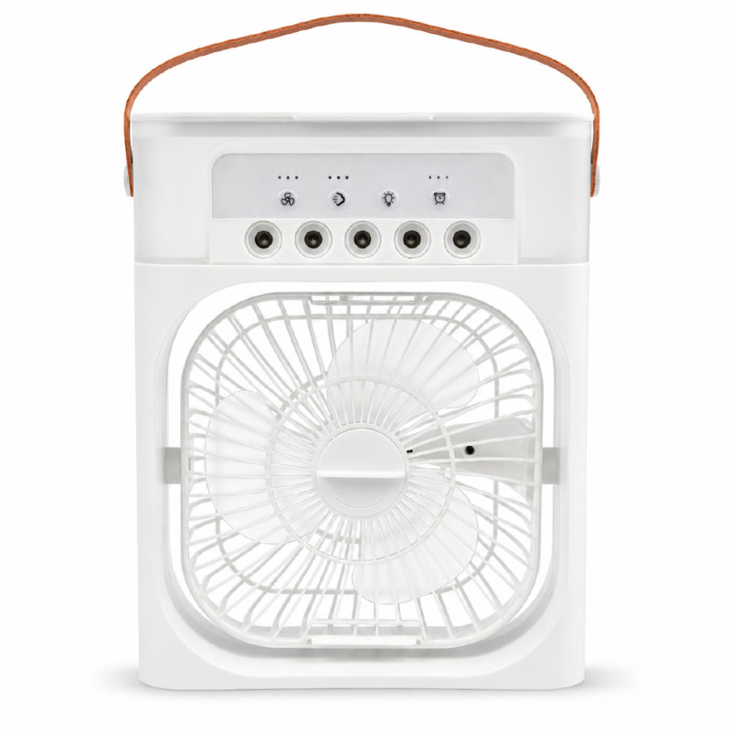Portable Air Cooler Desk Fan with 5 Mist Spray Nozzles and Leather Carry Handle (25x20cm) – White & Brown