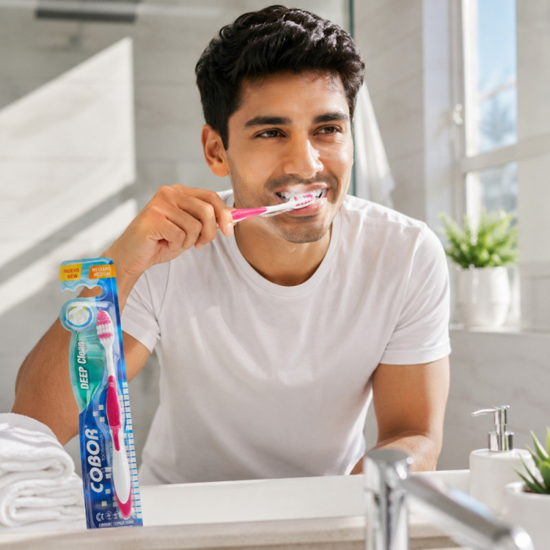 Action-Oriented Cobor Deep Clean Medium Toothbrush with a pink and white handle – White & Pink (18.5cm)