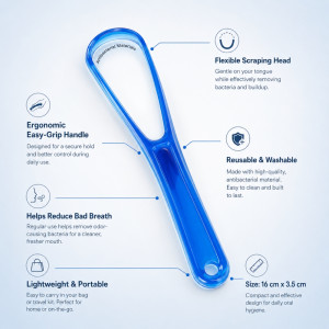Professional Grade Tongue Scraper Cleaner - Ultra-Hygienic Antibacterial Design - 16x3.5cm Blue Professional Grade Tongue Scraper Cleaner - Ultra-Hygienic Antibacterial Design - 16x3.5cm Blue