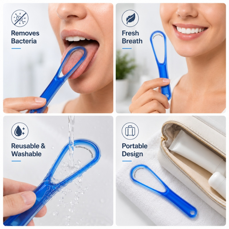 Professional Grade Tongue Scraper Cleaner - Ultra-Hygienic Antibacterial Design - 16x3.5cm Blue