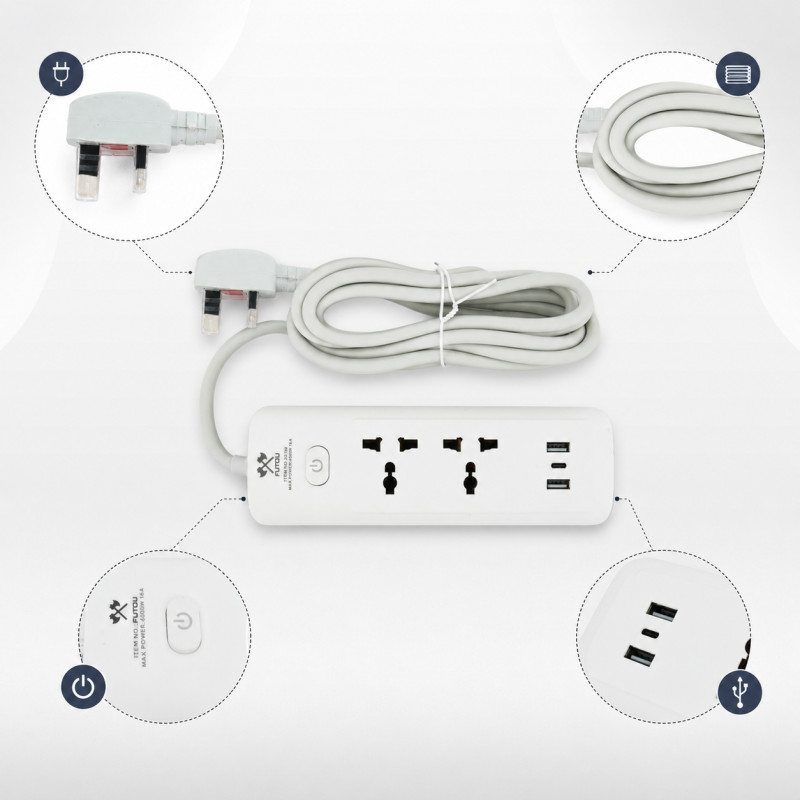 Pearl Finish Power Strip Designed for Convenient Power &amp; Connectivity – White (L-3 M)