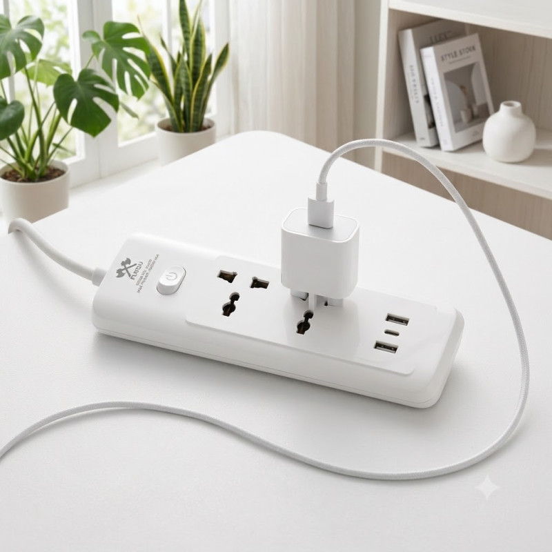 Pearl Finish Power Strip Designed for Convenient Power &amp; Connectivity – White (L-3 M)