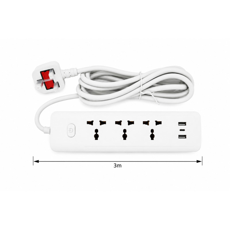 Snow White Universal Power Strip Designed for Convenient Power &amp; Connectivity – White (L-3 M)