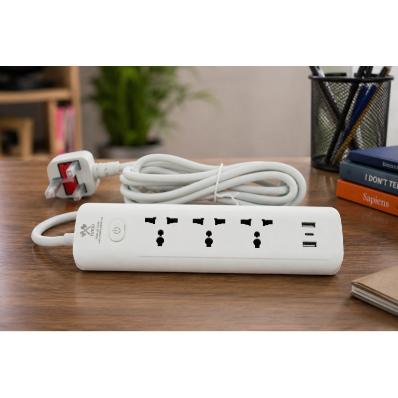 Snow White Universal Power Strip Designed for Convenient Power &amp; Connectivity – White (L-3 M)