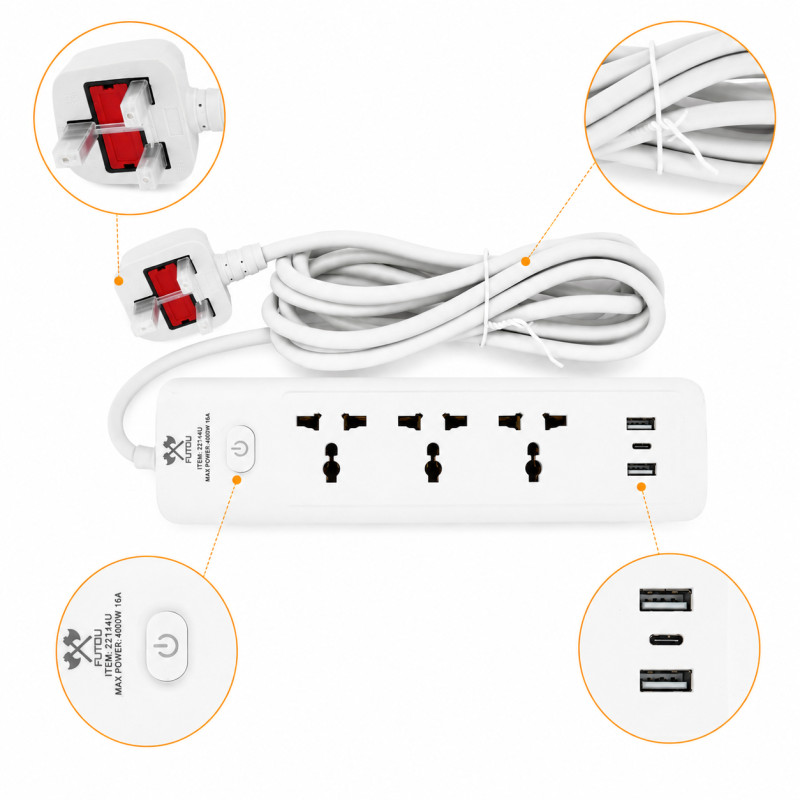 Snow White Universal Power Strip Designed for Convenient Power &amp; Connectivity – White (L-3 M)