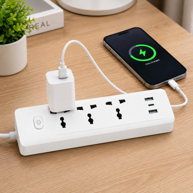 Snow White Universal Power Strip Designed for Convenient Power &amp; Connectivity – White (L-3 M)