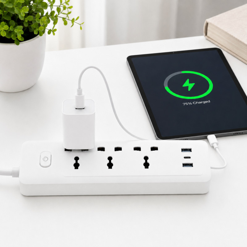 Snow White Universal Power Strip Designed for Convenient Power &amp; Connectivity – White (L-3 M)