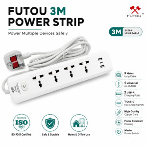 Ivory Touch Power Strip Designed for Convenient Power &amp; Connectivity – White (L-3 M)