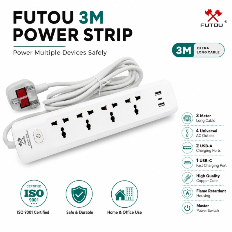 Ivory Touch Power Strip Designed for Convenient Power &amp; Connectivity – White (L-3 M)