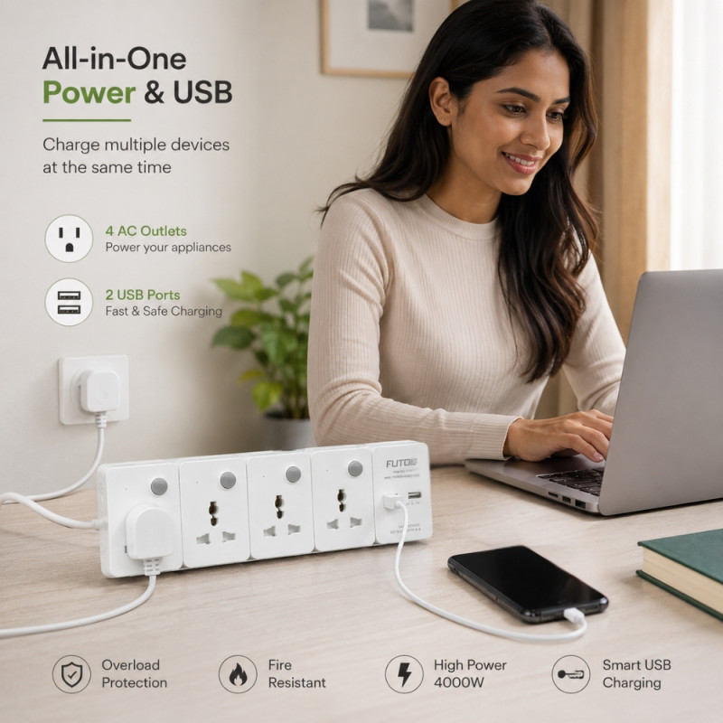 Soft Line Power Extension Strip Designed for Convenient Power &amp; Connectivity – White (L-5 M)