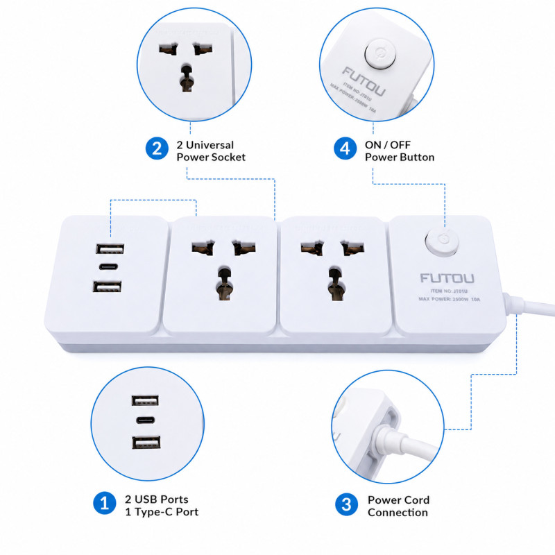 Deep Series Power Strip Extension Socket Designed for Convenient Power & Connectivity – White (L-3 M)