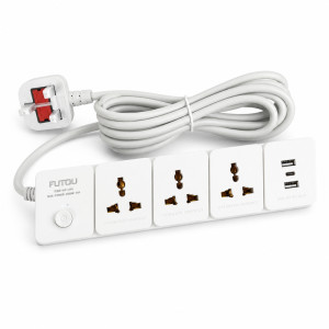 Universal AC Socket Power Strip with Multiple USB Ports & Surge Protection – 3m – White