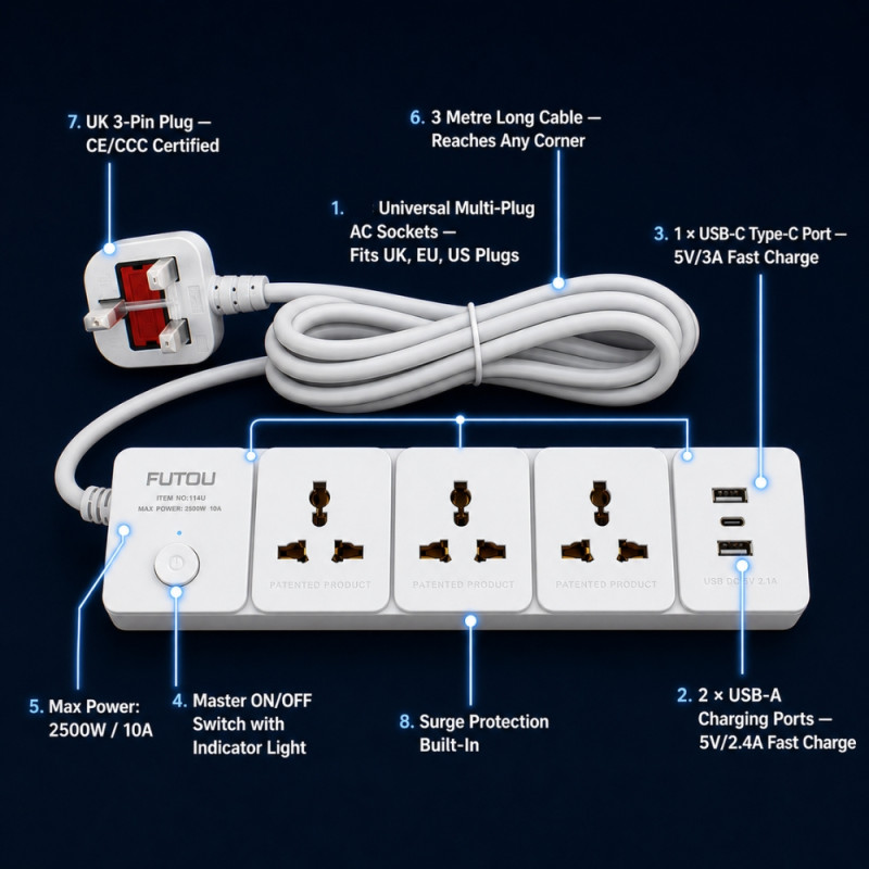 Universal AC Socket Power Strip with Multiple USB Ports &amp; Surge Protection – 3m – White