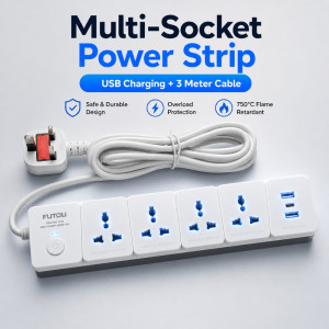Professional Multi-Socket Extension Power Strip – 4 Sockets & 3 USB Ports (3m)