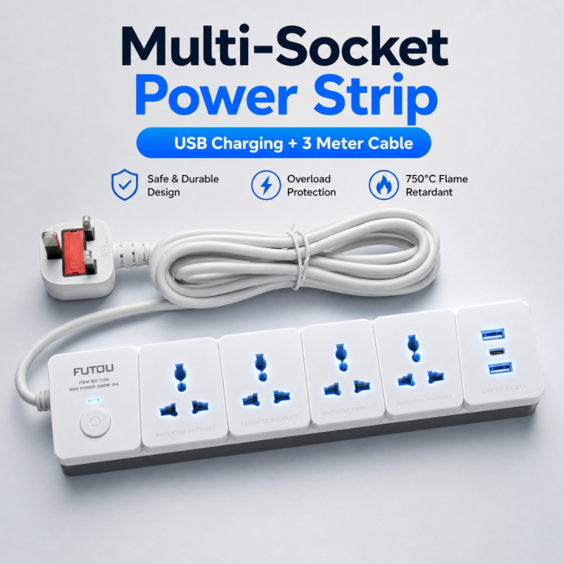 Professional Multi-Socket Extension Power Strip – 4 Sockets &amp; 3 USB Ports (3m)