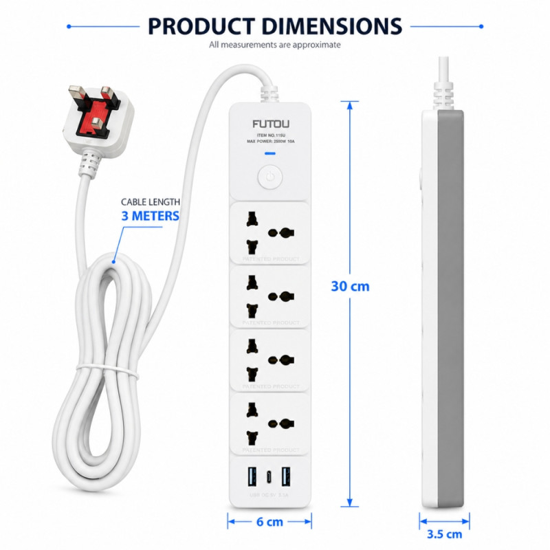 Professional Multi-Socket Extension Power Strip – 4 Sockets &amp; 3 USB Ports (3m)