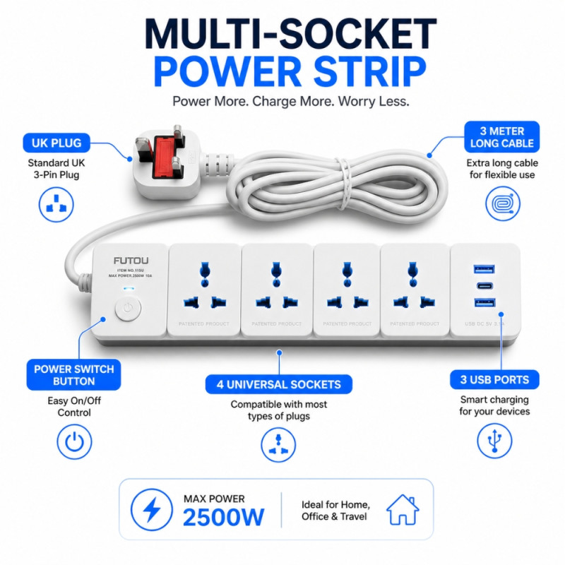 Professional Multi-Socket Extension Power Strip – 4 Sockets &amp; 3 USB Ports (3m)