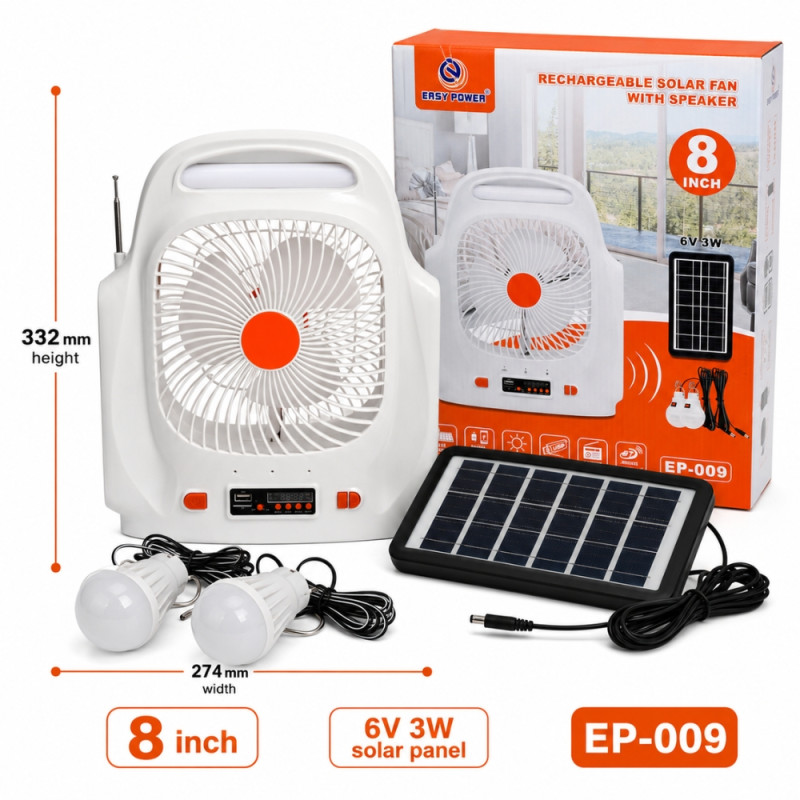 Portable Rechargeable Solar Fan with Speaker- 8 inch