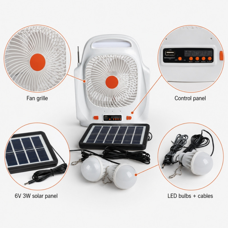 Portable Rechargeable Solar Fan with Speaker- 8 inch