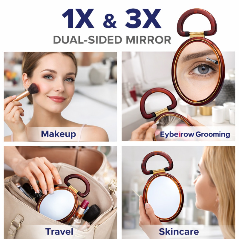 Scarlet Line 20cm Oval Makeup Mirror – Double-Sided Magnifying Hand Mirror