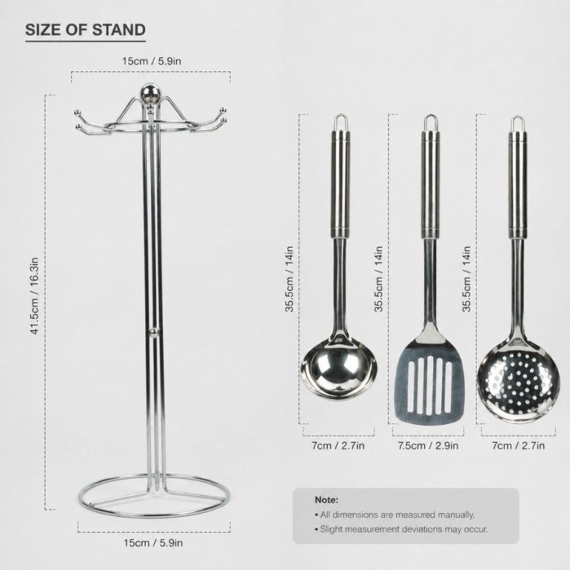 Professional Stainless Steel Kitchen Utensil Set – Multi-Piece with Rotating Stand (41cm)
