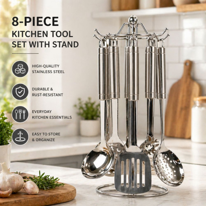Professional Stainless Steel Kitchen Utensil Set – Multi-Piece with Rotating Stand (41cm)