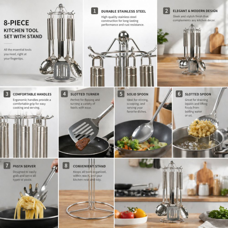 Professional Stainless Steel Kitchen Utensil Set – Multi-Piece with Rotating Stand (41cm)