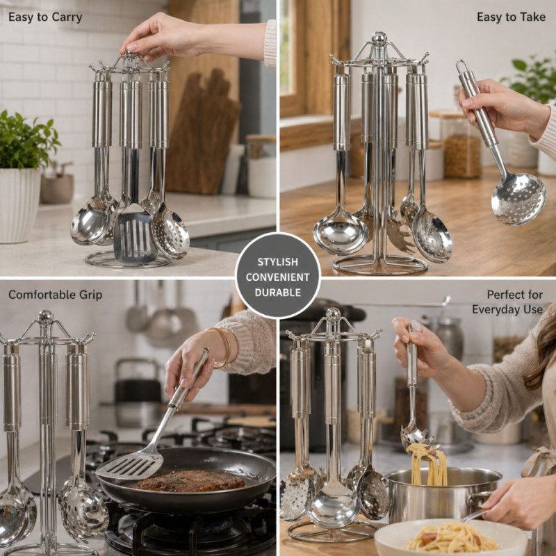 Professional Stainless Steel Kitchen Utensil Set – Multi-Piece with Rotating Stand (41cm)