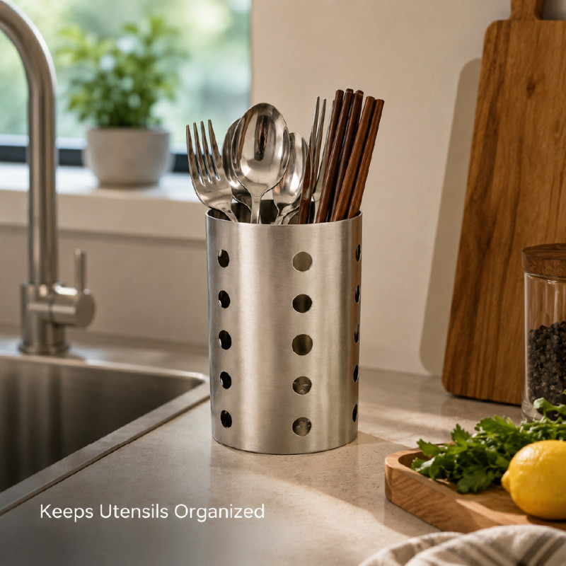 Stainless Steel Cutlery Holder and Draining Rack for Kitchen Organization – 15.5 x 10 cm – Silver