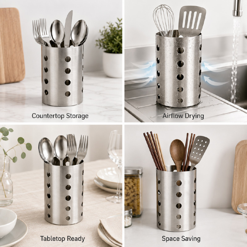 Stainless Steel Cutlery Holder and Draining Rack for Kitchen Organization – 15.5 x 10 cm – Silver
