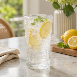 Clear Textured Glass Tumbler Designed for Hot and Cold Beverages – 14.5 x 7 cm – Transparent