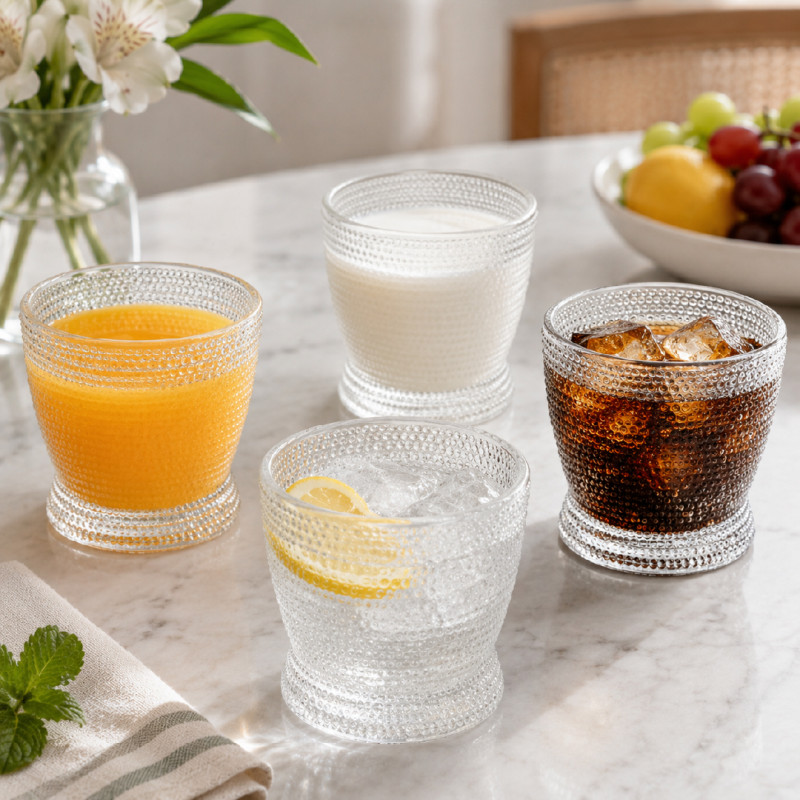 Elegant Textured Glass Tumbler - Tapered Dotted Design, Clear (9x8cm)