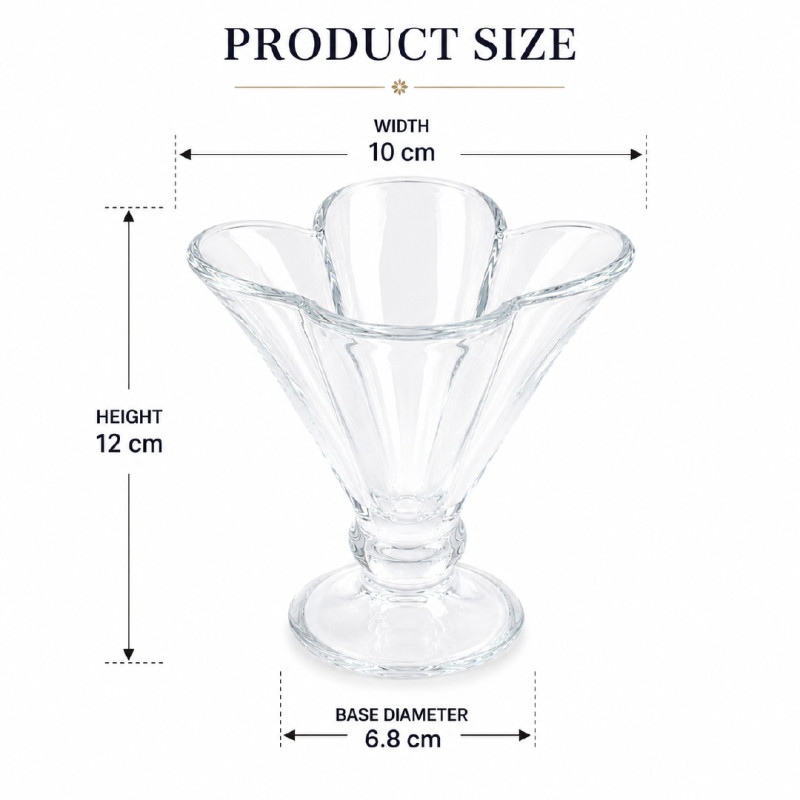 Luxury Glass Dessert Bowl Set | Clear Flower-Shaped Ice Cream Cups with Stand | Transparent 12x10cm 
