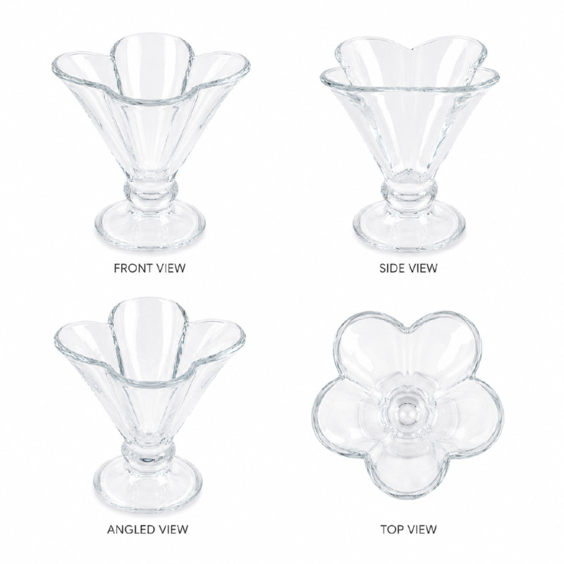 Luxury Glass Dessert Bowl Set | Clear Flower-Shaped Ice Cream Cups with Stand | Transparent 12x10cm 
