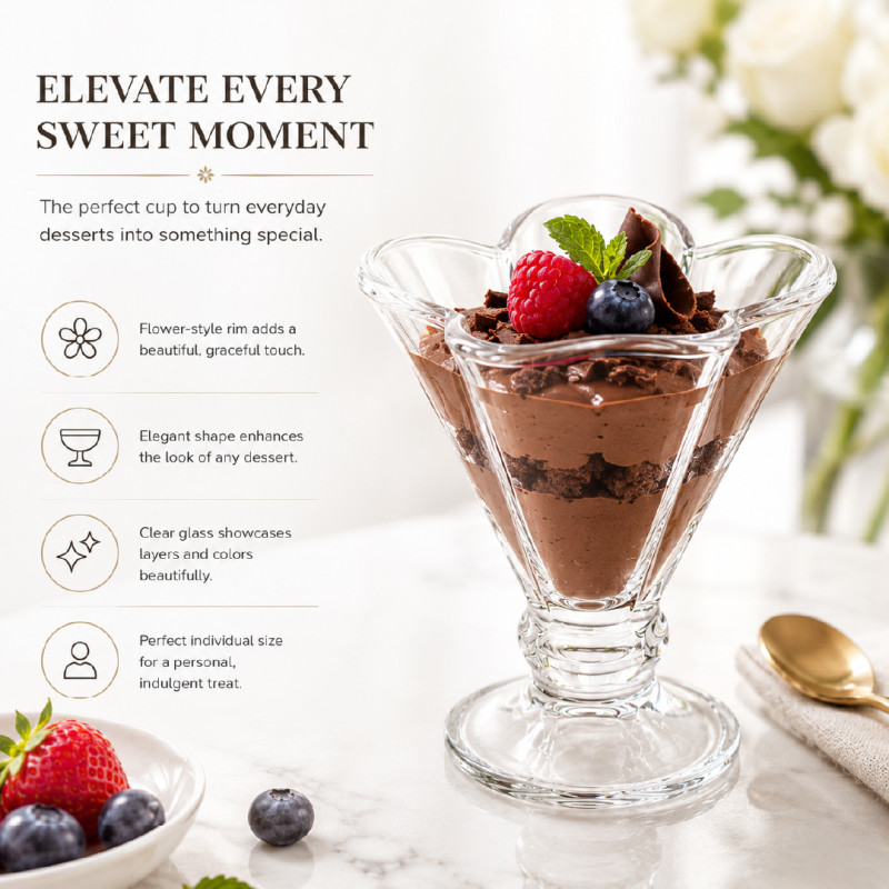 Luxury Glass Dessert Bowl Set | Clear Flower-Shaped Ice Cream Cups with Stand | Transparent 12x10cm 
