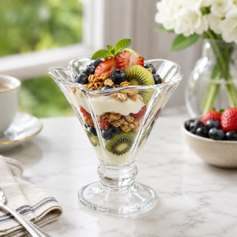 Luxury Glass Dessert Bowl Set | Clear Flower-Shaped Ice Cream Cups with Stand | Transparent 12x10cm 
