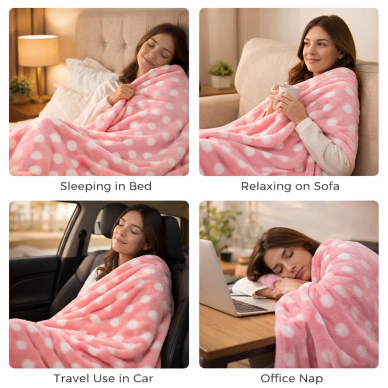 Juniors' Polka Dot Printed Fleece Blanket – Soft Pink Comfort (160 x 200cm)