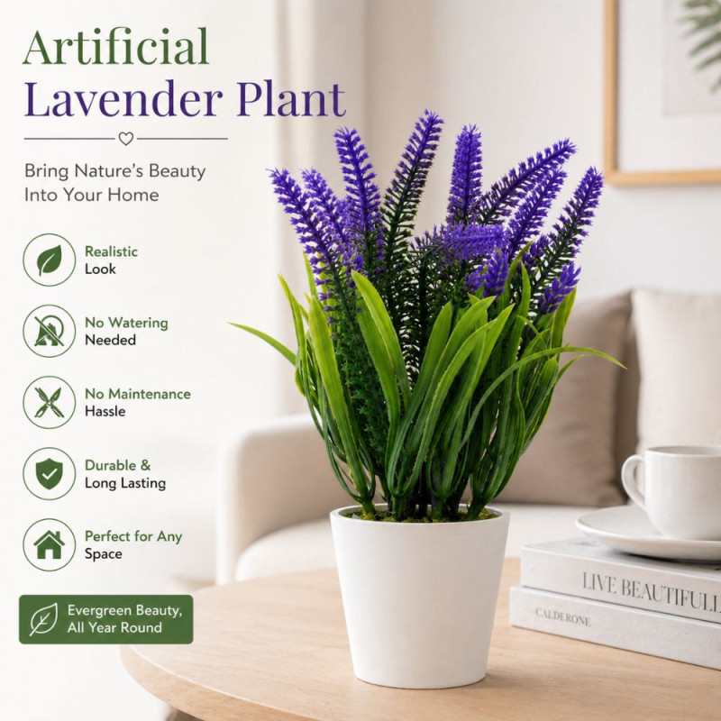 Professional Decorative Artificial Lavender Plant – Purple Flowers in White Pot (21cm)