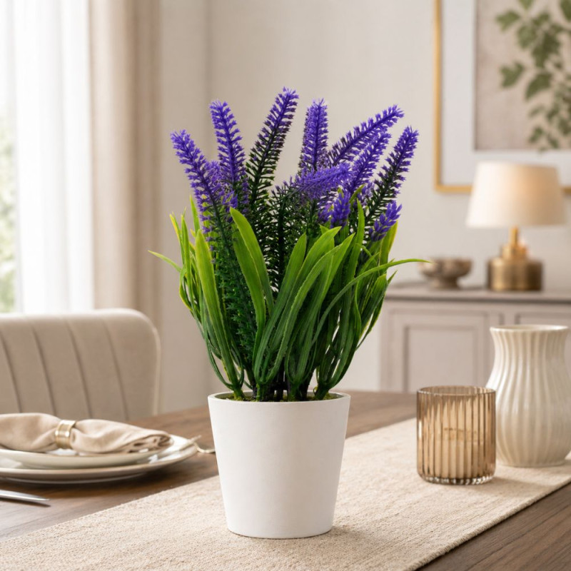 Professional Decorative Artificial Lavender Plant – Purple Flowers in White Pot (21cm)