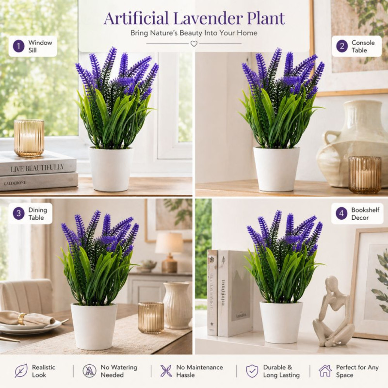 Professional Decorative Artificial Lavender Plant – Purple Flowers in White Pot (21cm)