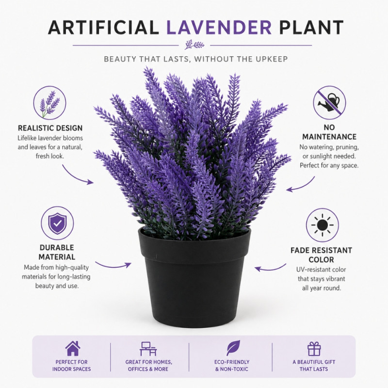 Professional Artificial Lavender Plant – Vibrant Purple & Black (23cm)