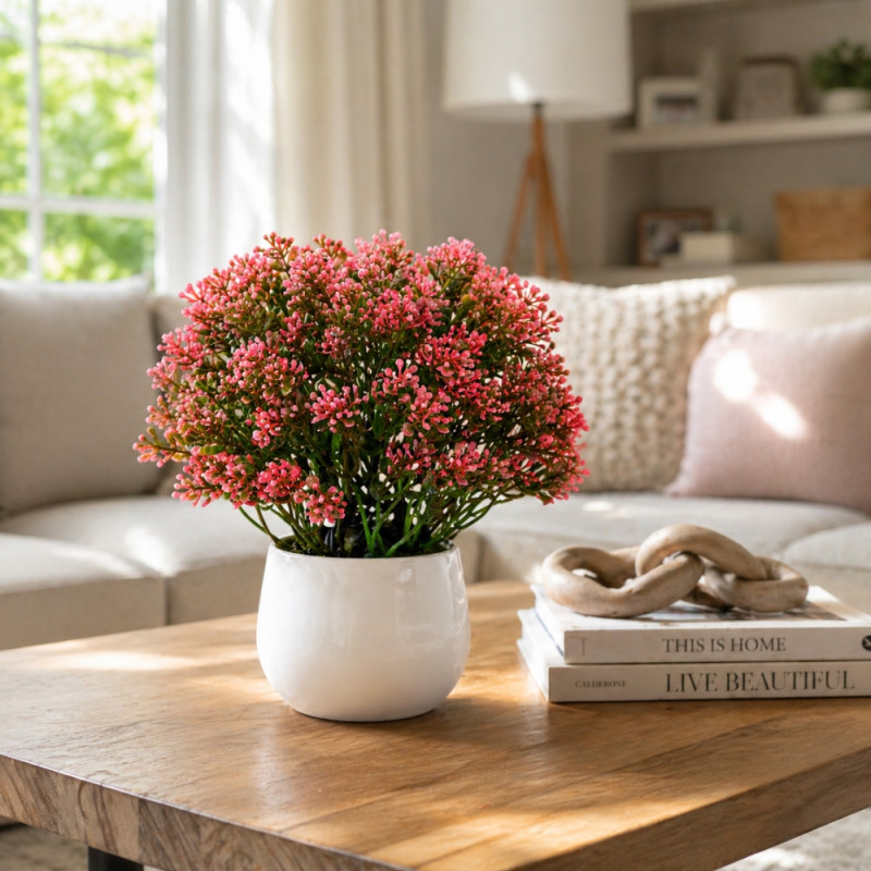 Professional Artificial Potted Chamelaucium – Pink Waxflowers in White Ceramic (26cm)