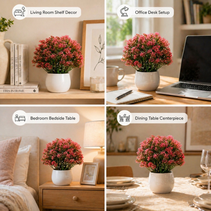 Professional Artificial Potted Chamelaucium – Pink Waxflowers in White Ceramic (26cm)