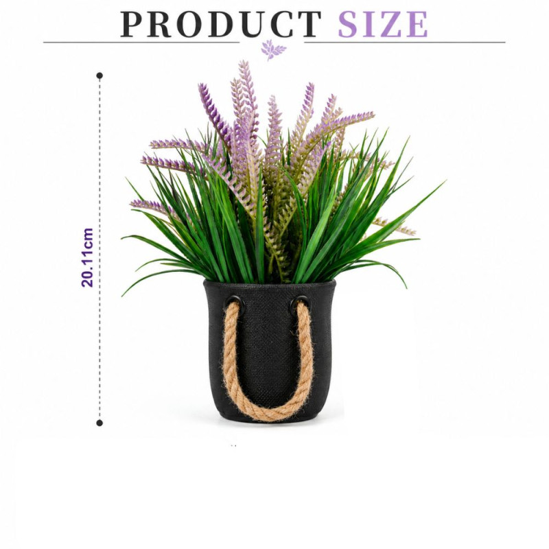 Professional Decorative Artificial Lavender Plant – Purple & Green Foliage in Black Rope-Handle Pot (21cm)